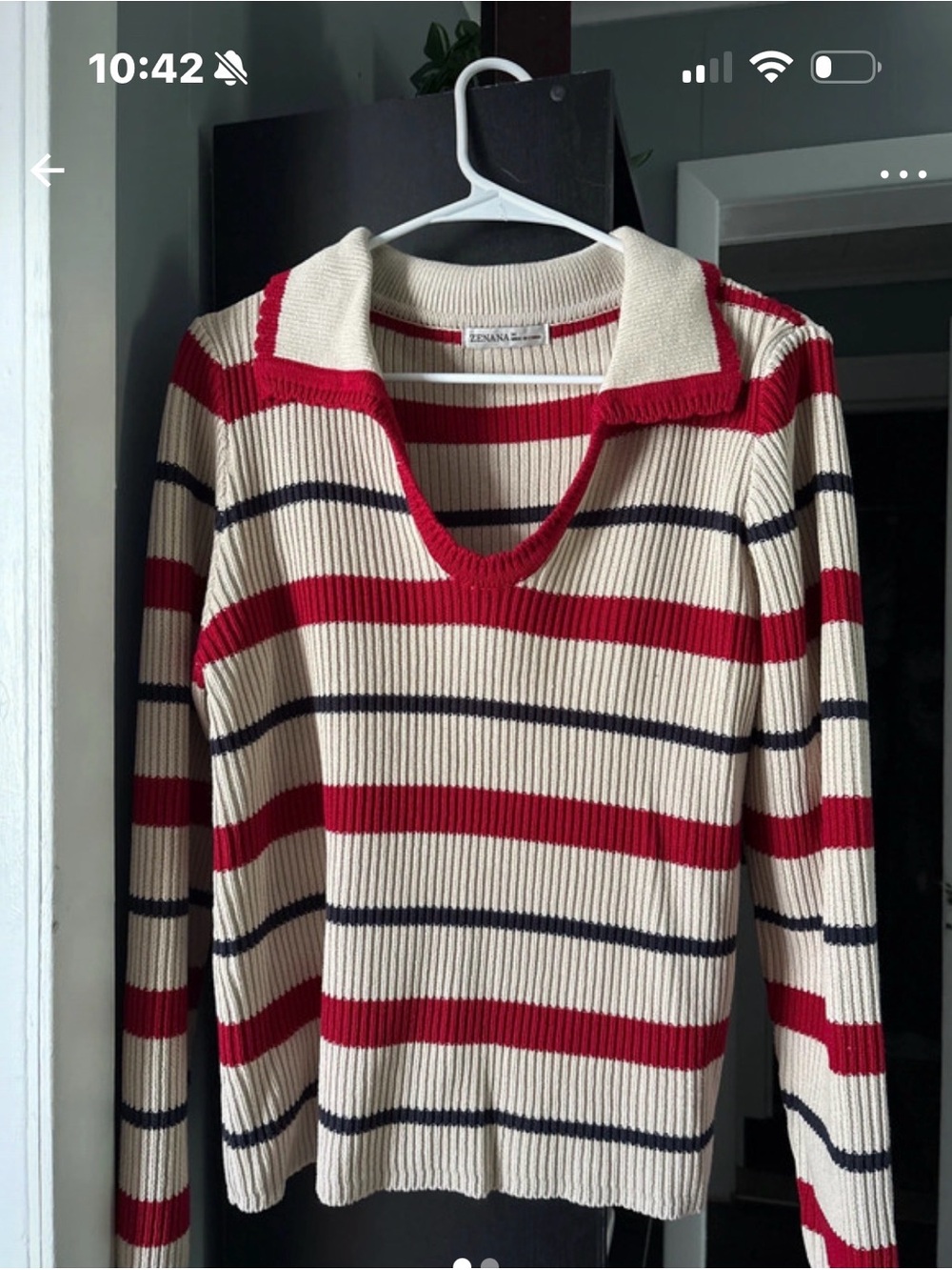 Zenana Outfitters Cream, Red & Black Striped V-Neck Collared Sweater